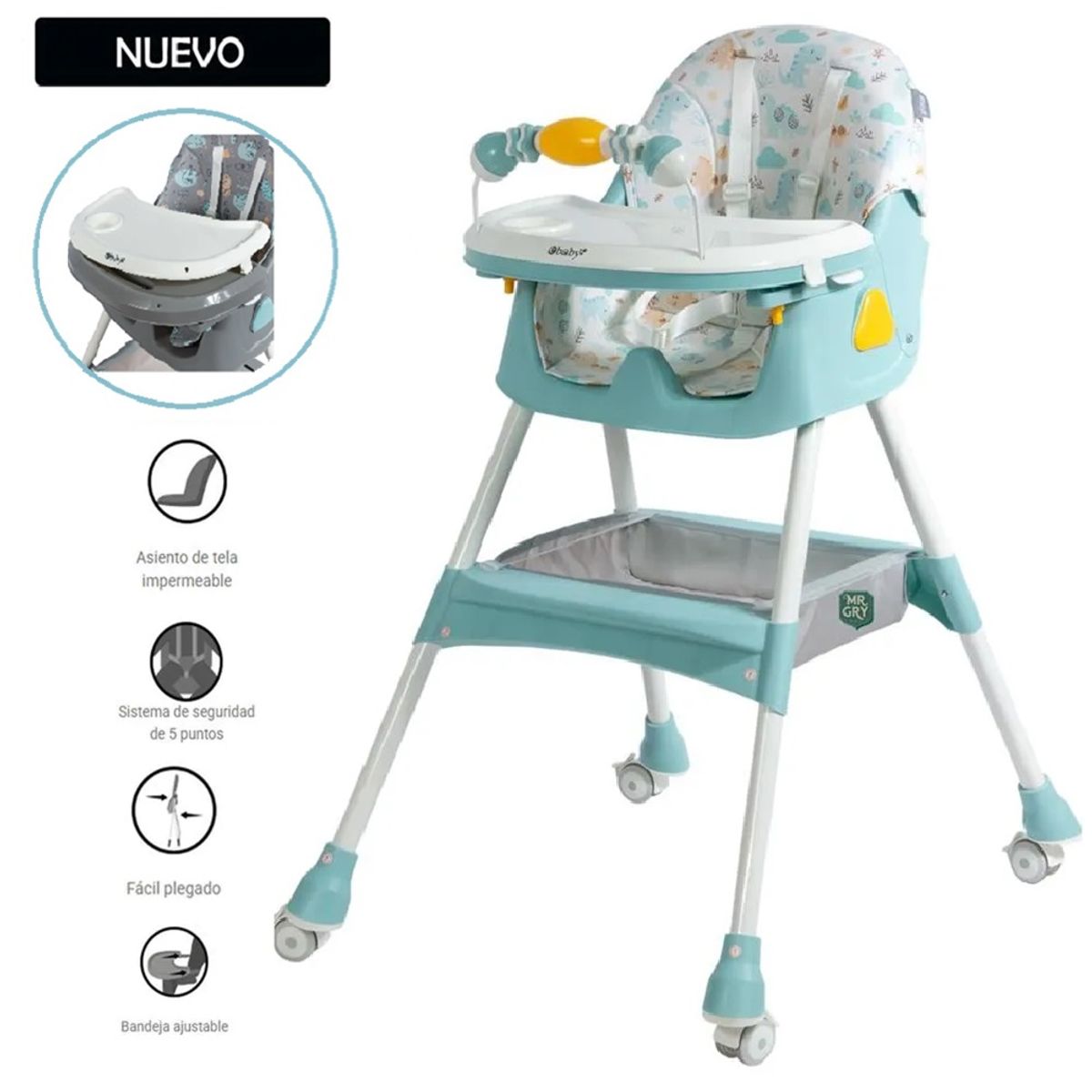 EBABY - Silla de Comer Plegable Con Ruedas Doble bandeja LULU- VERDE