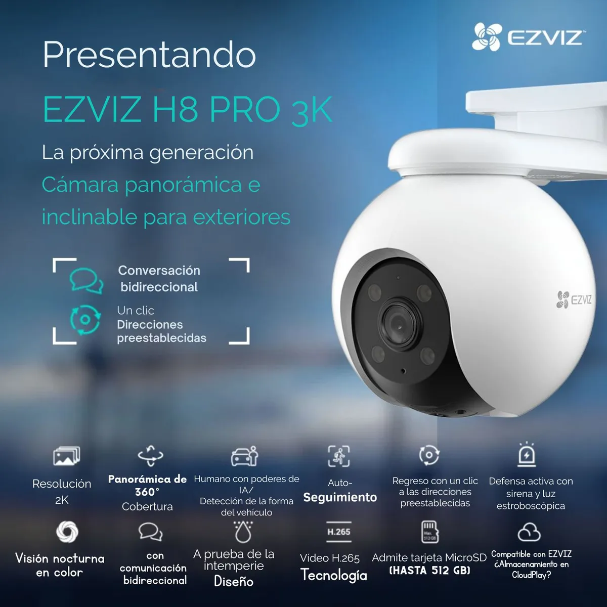 EZVIZ - Cámara EZVIZ H8 Pro 3K  WiFi PTZ Exterior con Giro 360° y Visión Nocturna Avanzada