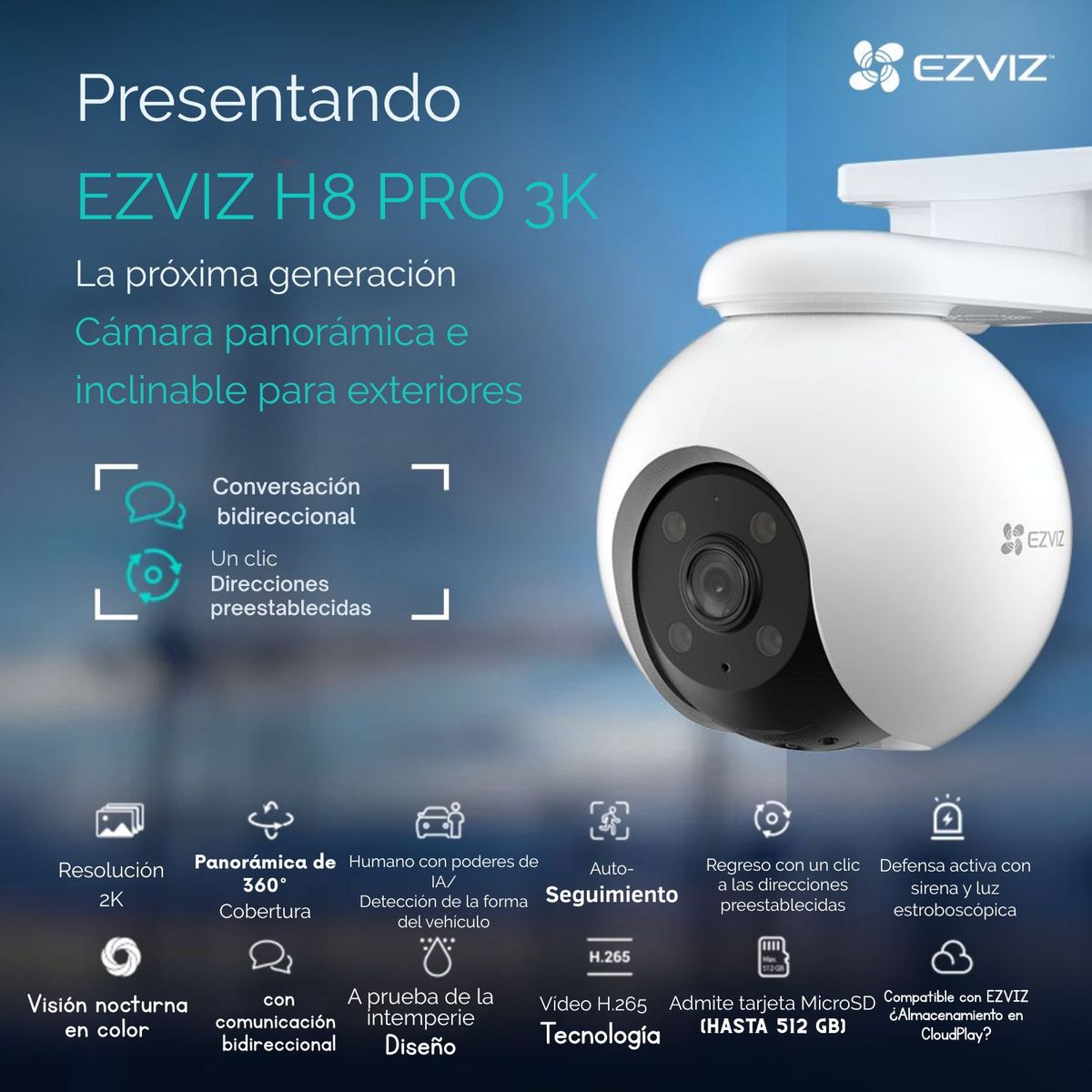 EZVIZ - CÁMARA DE SEGURIDAD WIFI H8PRO 3K CON LENTE 360° PARA EXTERIORES