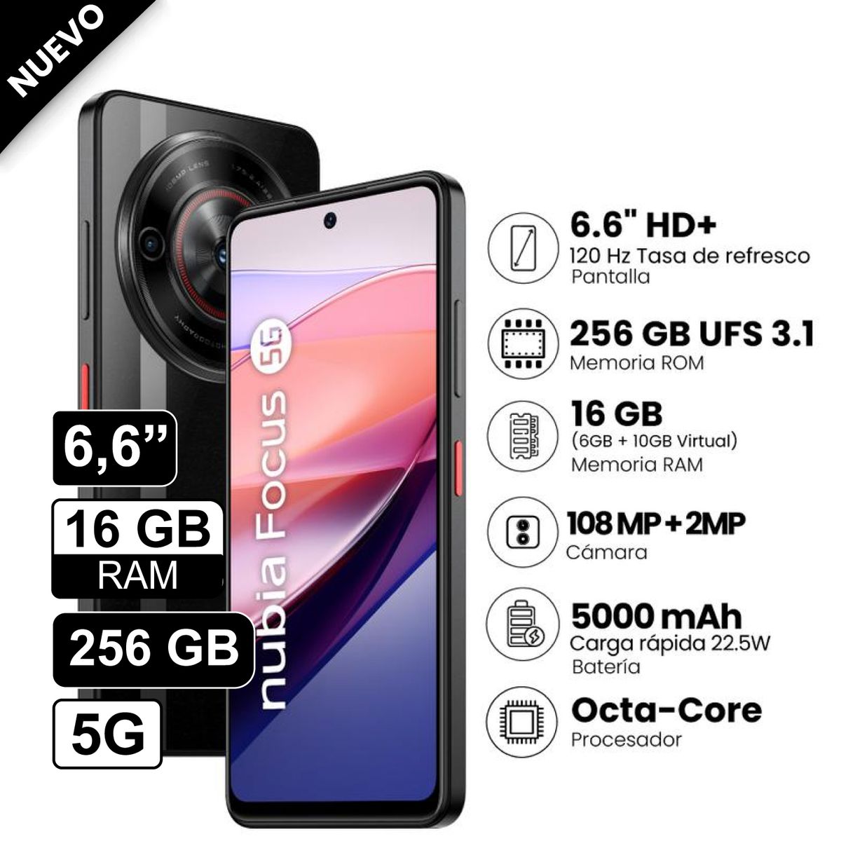 ZTE - Celular Zte Nubia Focus 5G 66 256Gb 6Gb + 10Gb Ram Negro