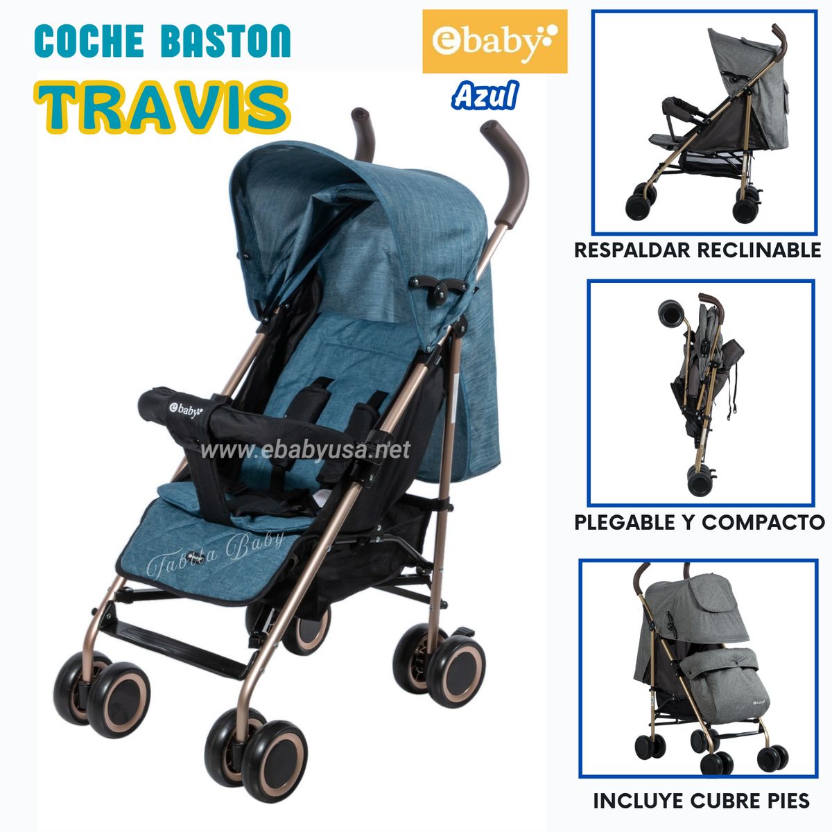 EBABY - Coche bastón doble acolchado para Bebe Travis Azul 214-4