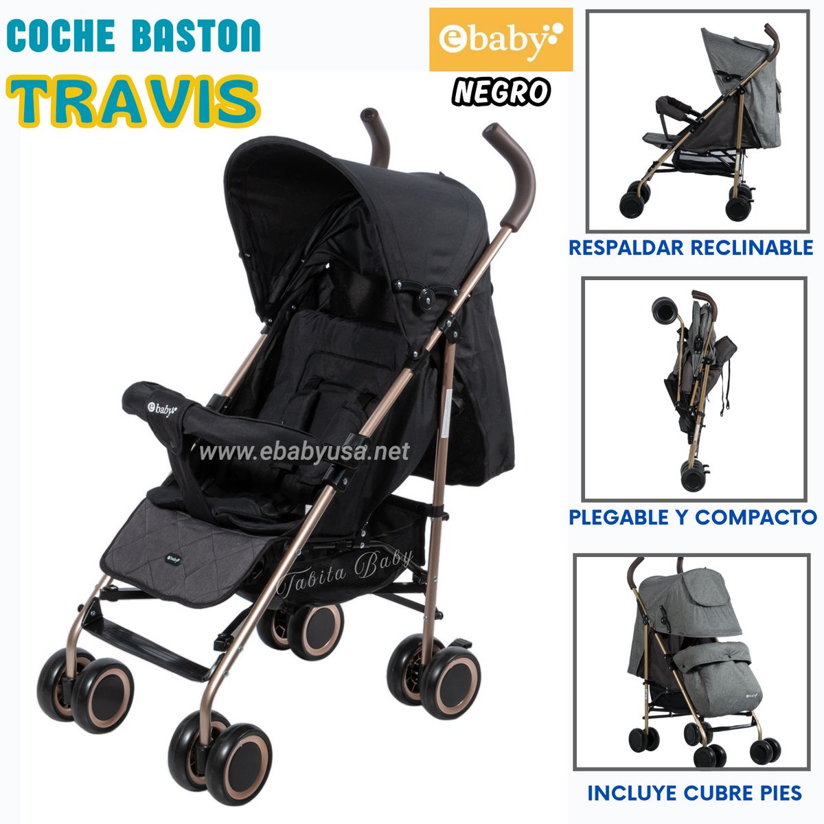 EBABY - Coche bastón doble acolchado para Bebe Travis Negro 214-4