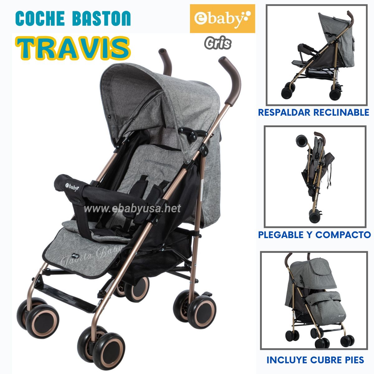 EBABY - Coche bastón doble acolchado para Bebe Travis Gris 214-4