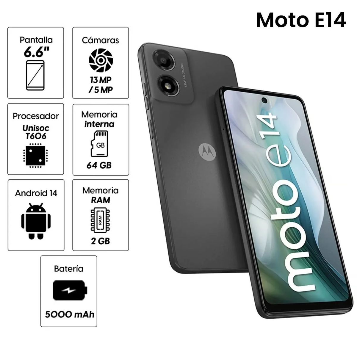 MOTOROLA - Celular Motorola Moto E14 64GB 2GB 13MP frontal 5MP 66 Pulg gris