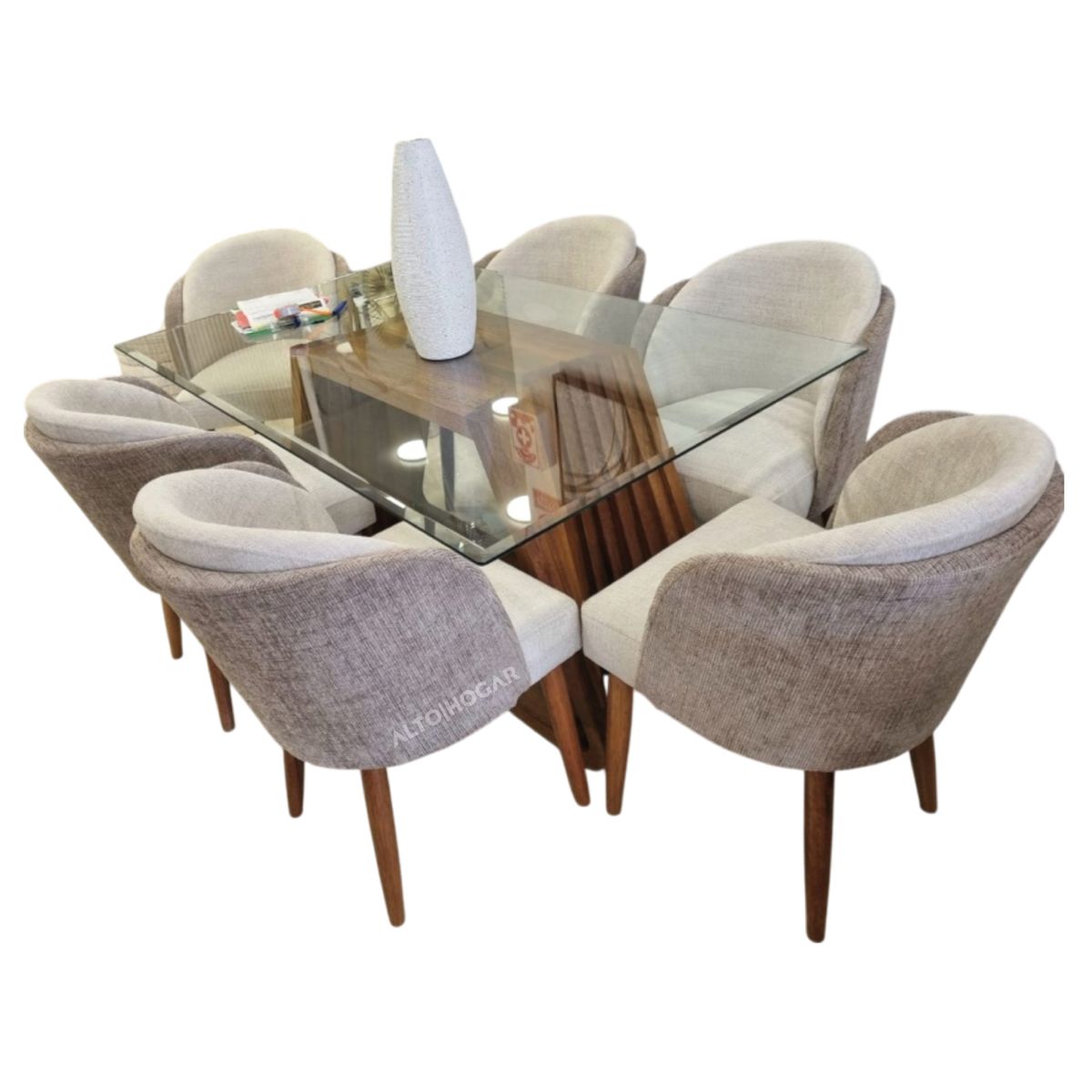 ALTO HOGAR - Juego de Comedor 6 Sillas Tanua Gris y Beige Madera Tornillo
