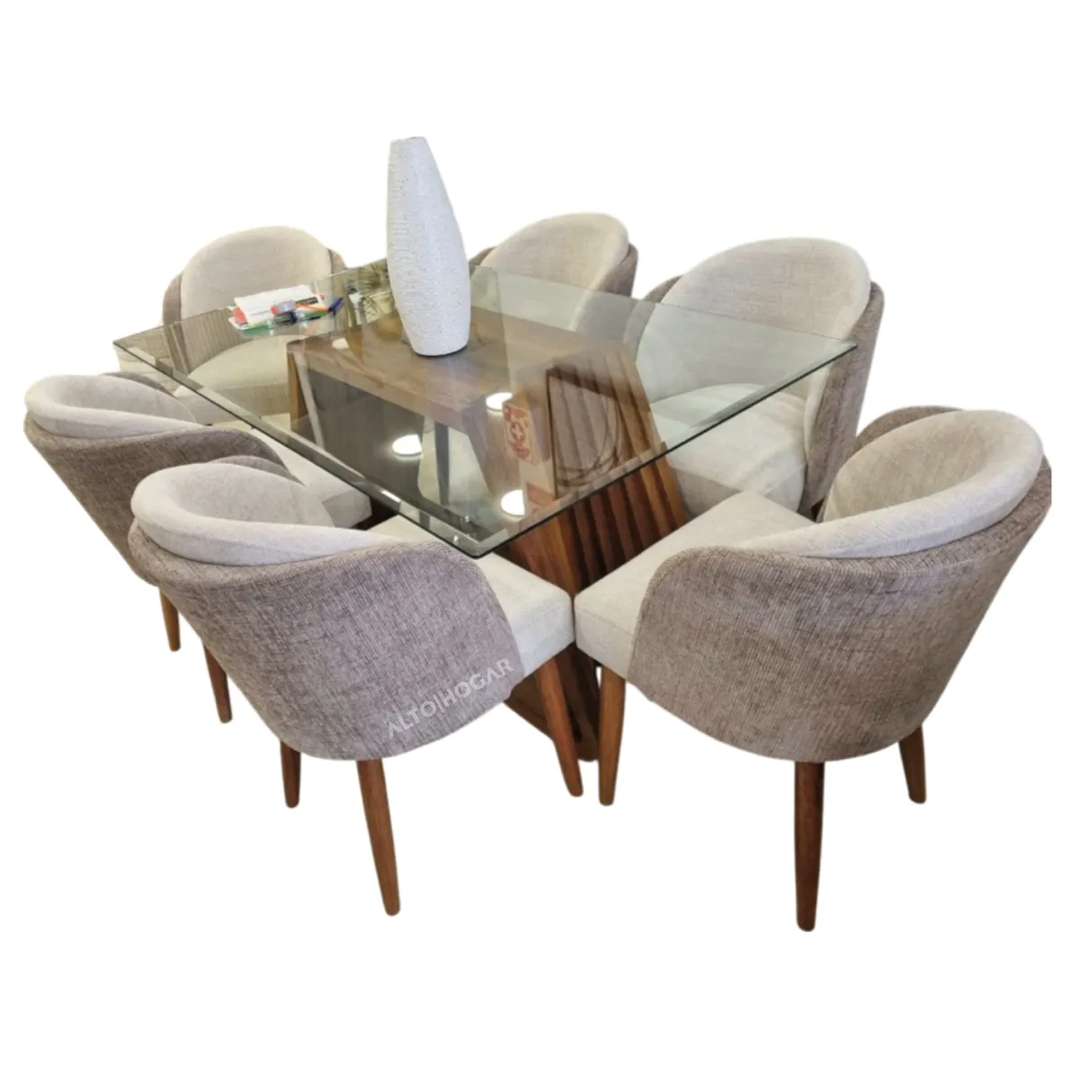 ALTO HOGAR - Juego de Comedor 6 Sillas Tanua Gris y Beige Madera Tornillo