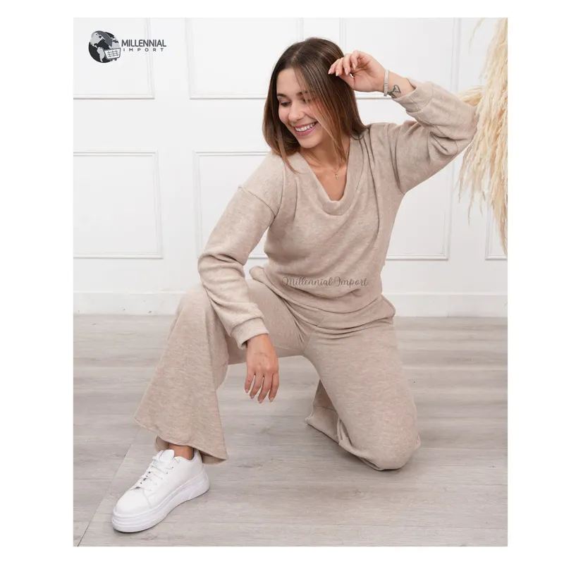 GENERICO - Conjunto Invierno Mujer 2piezas Unicolor Chompa y Palazo Textura Suave