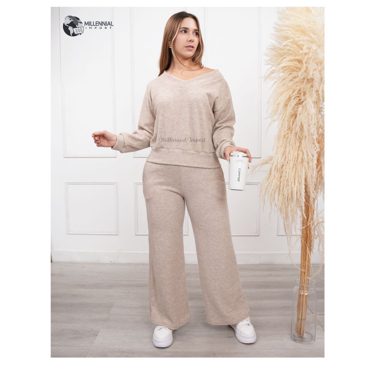 GENERICO - Conjunto Dama 2Piezas  Chompa Cuello V y Pantalón Palazzo con Bolsillos