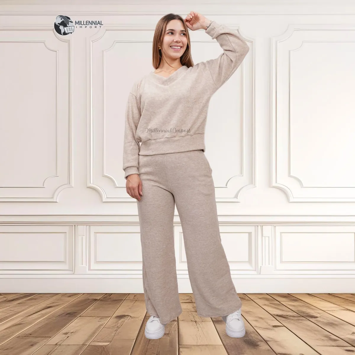GENERICO - Conjunto Mujer Invierno Chompa y Pantalón Palazzo con Bolsillos