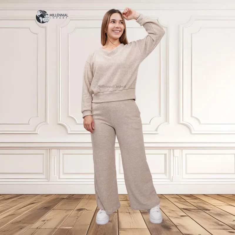 GENERICO - Conjunto Mujer Invierno Chompa y Pantalón Palazzo con Bolsillos
