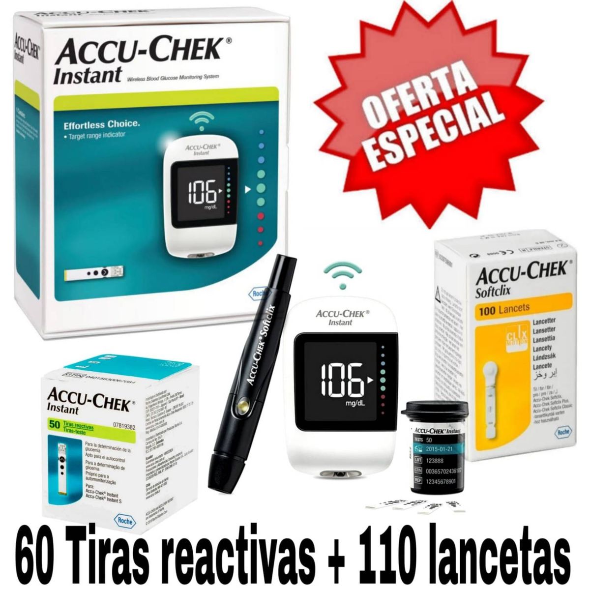 ACCU CHEK - Kit Glucometro Instant + 60 Tiras + 110 Lancetas