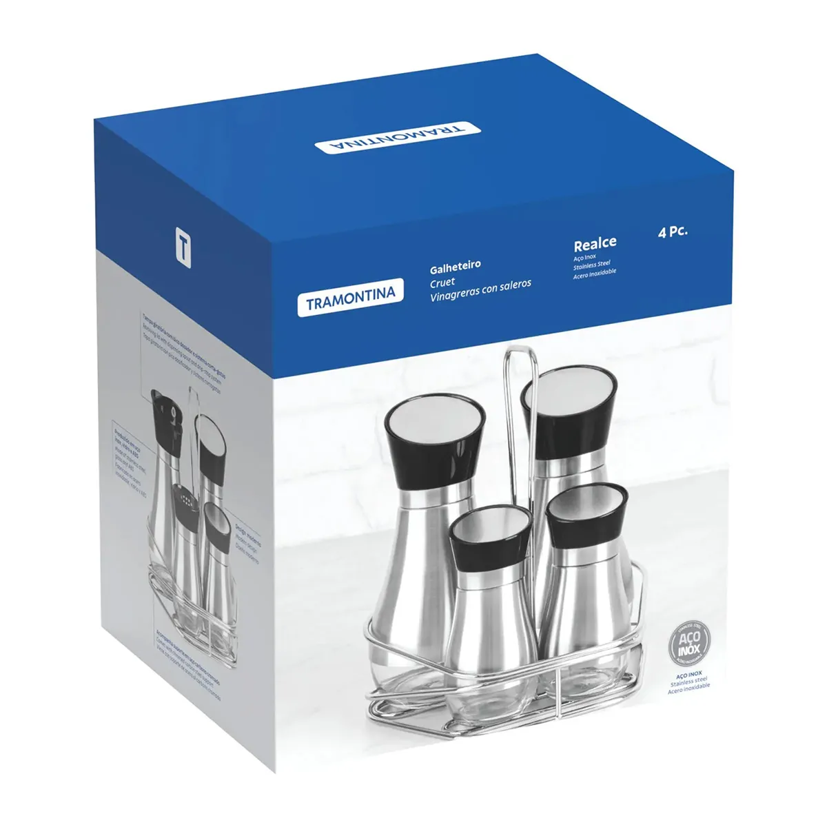 TRAMONTINA - Juego de Dispensadores salseros(Aceite, Vinagre, Sal, Pimienta) 4 pzas