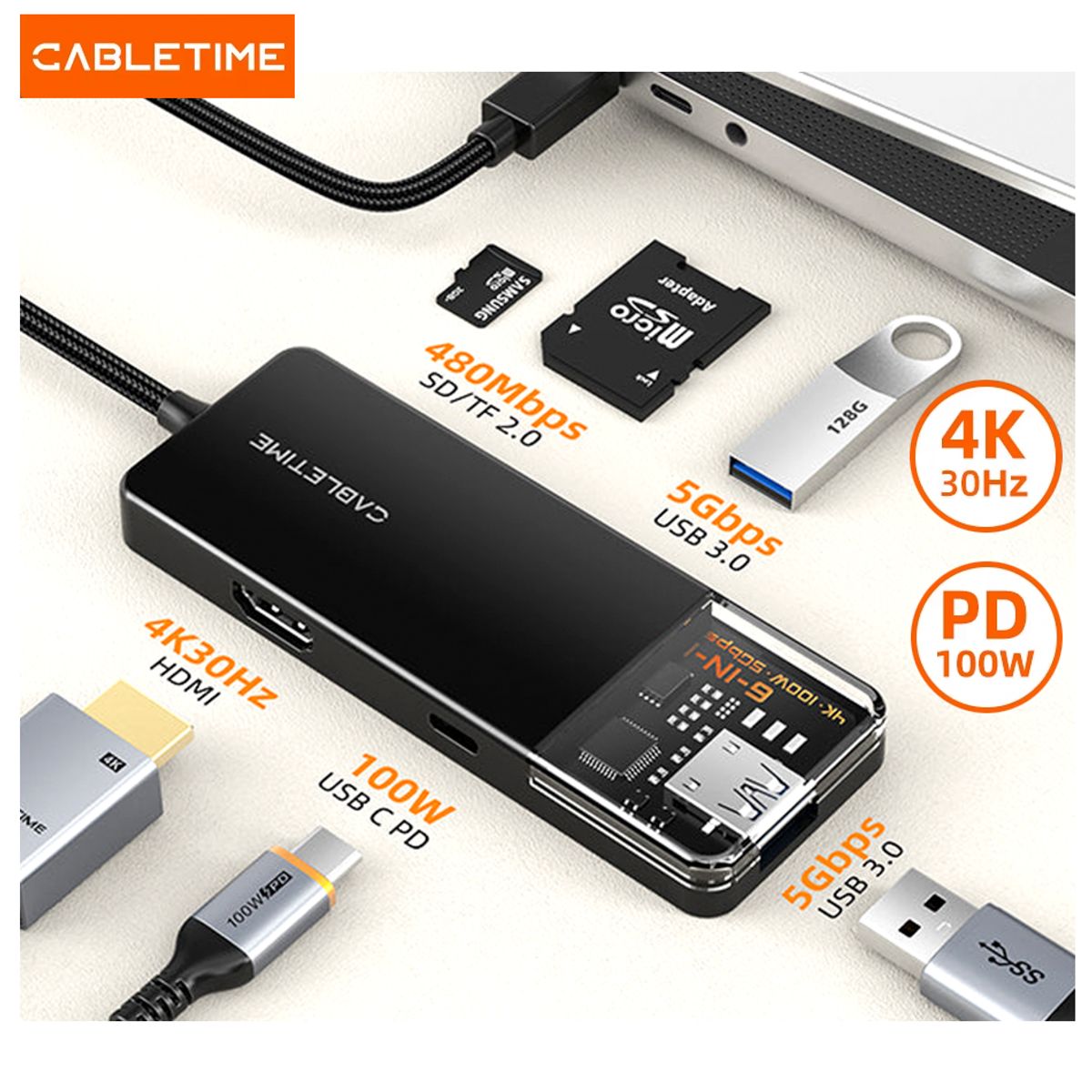 GENERICO - Adaptador Hub Multipuerto 6en1 Usb Tipo C Hdmi cabletime