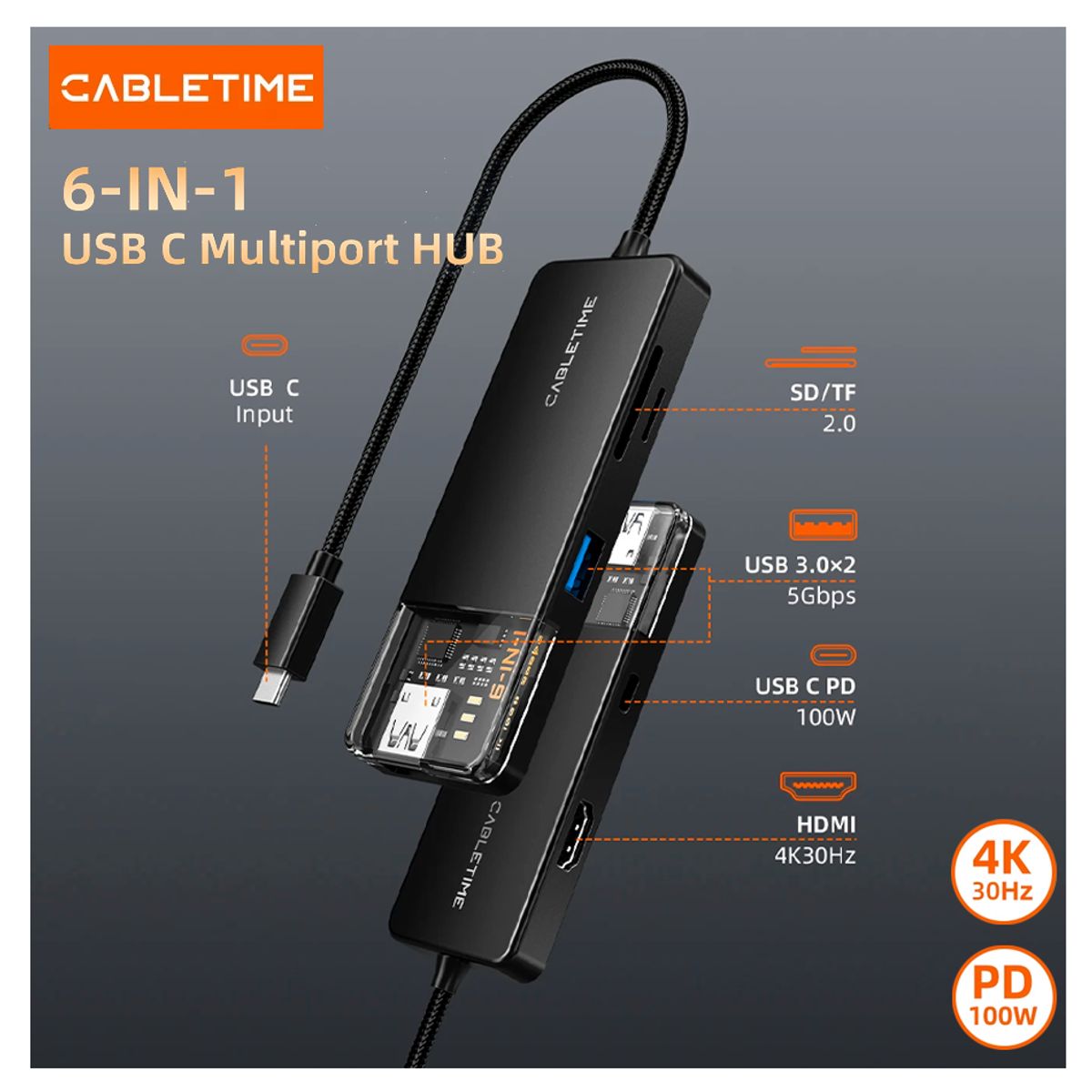GENERICO - Adaptador Hub Multipuerto 6en1 Usb Tipo C Hdmi cabletime
