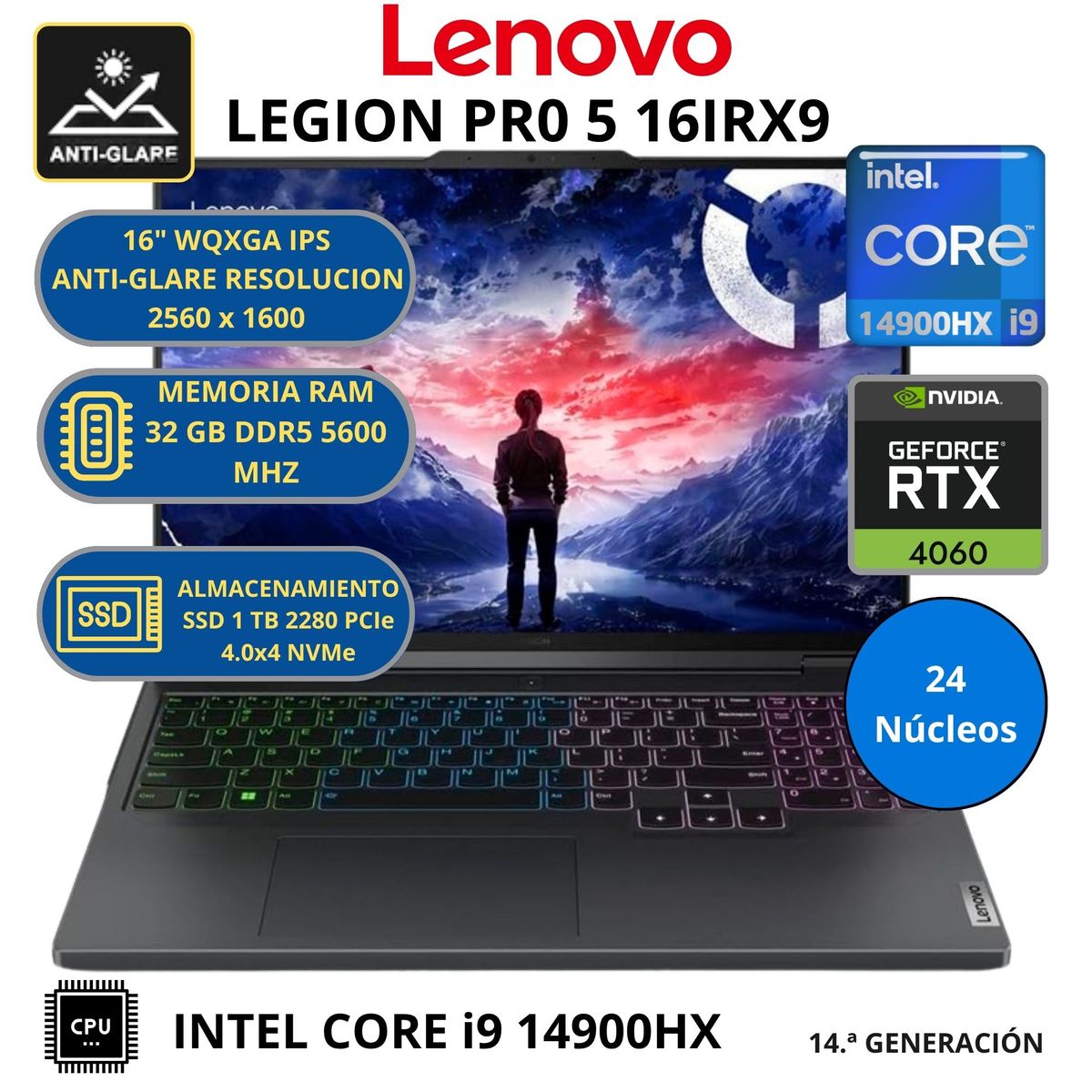 LENOVO - Laptop Lenovo LEGION PRO 5 16IRX9 INTEL CORE i9-RAM 32 GB SSD 1 TB 16" WQXGA RTX 4060 (8 GB GDDR6)