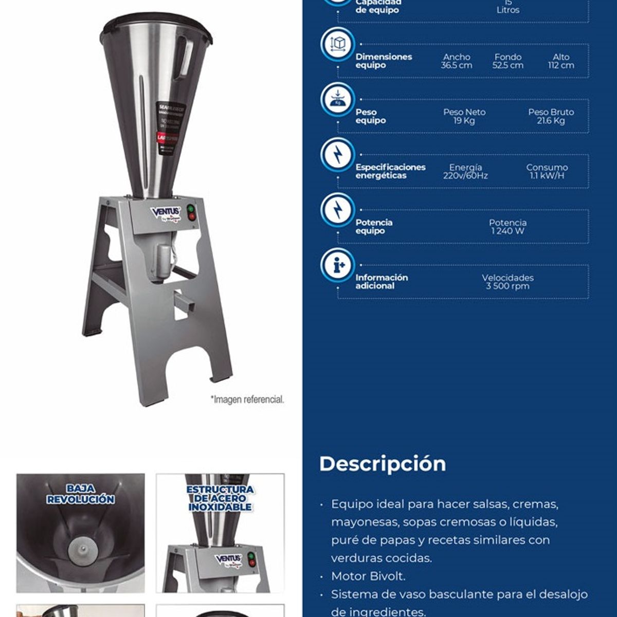 VENTUS - Ventus Licuadora Basculante 15Lts -Inox- LAR-15PMB