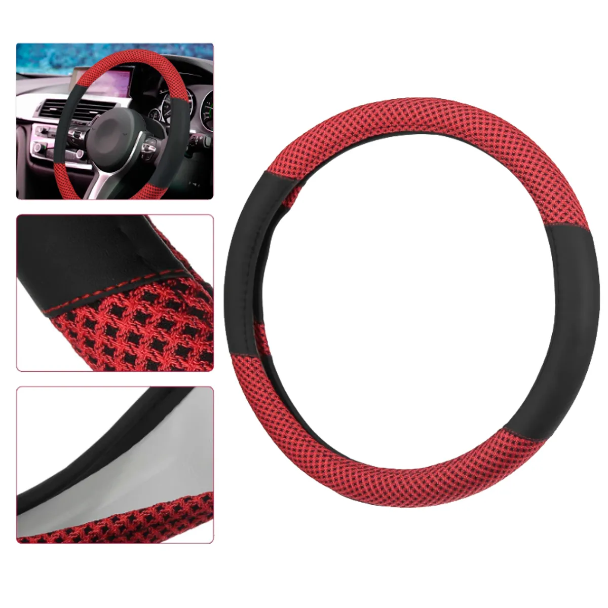 GENERICO - Funda Timón Auto Universal forro protector Malla antideslizante Rojo