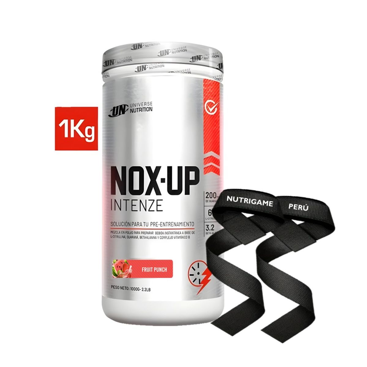 UNIVERSE NUTRITION - NOX UP INTENZE 1Kg Pre Entreno Oxido Nitrico Sab FRUIT PUNCH +STRAPS