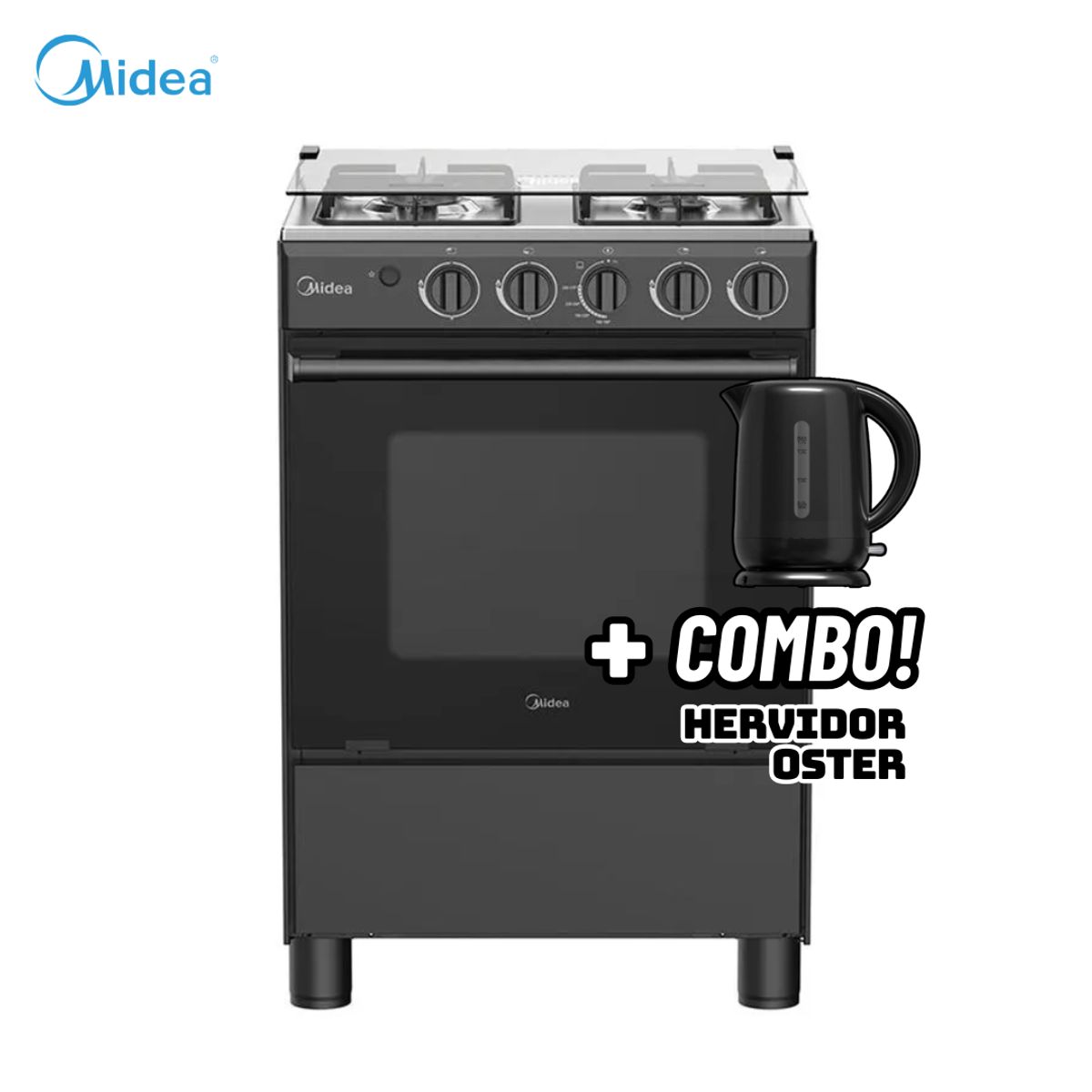 MIDEA - COCINA DE PIE MIDEA A GAS 4 HORNILLAS NEGRO - MGS24FS2LFABBC-PE + HERVIDOR OSTER NEGRO