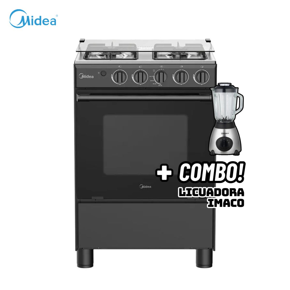 MIDEA - COCINA DE PIE MIDEA A GAS 4 HORNILLAS NEGRO - MGS24FS2LFABBC-PE + LICUADORA IMACO