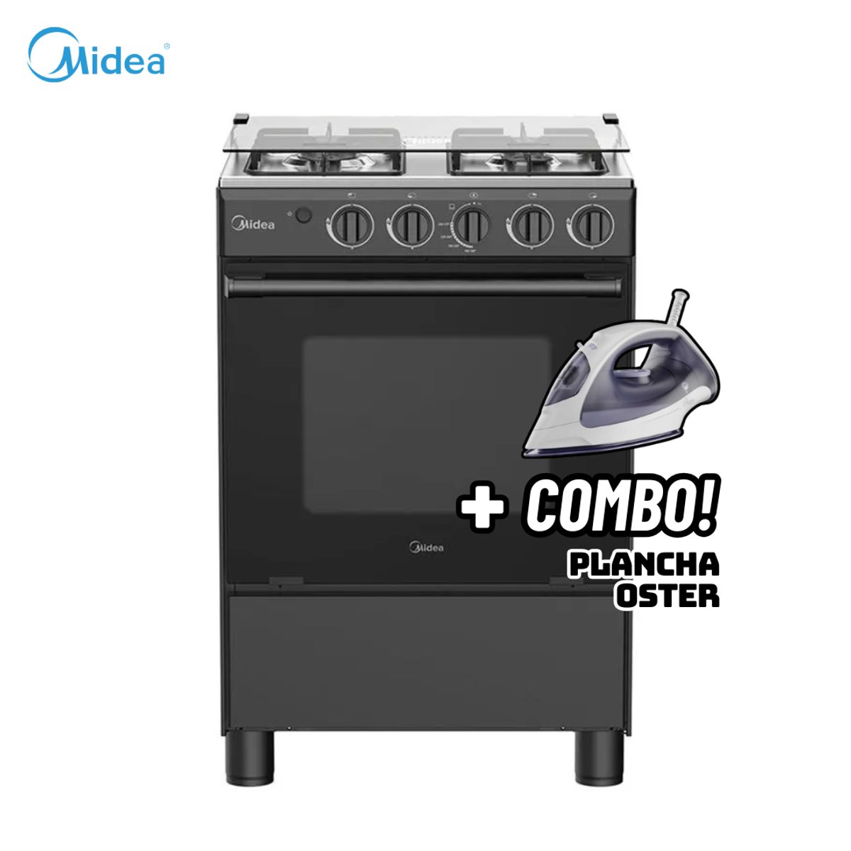 Midea - COCINA DE PIE MIDEA A GAS 4 HORNILLAS NEGRO - MGS24FS2LFABBC-PE + PLANCHA OSTER