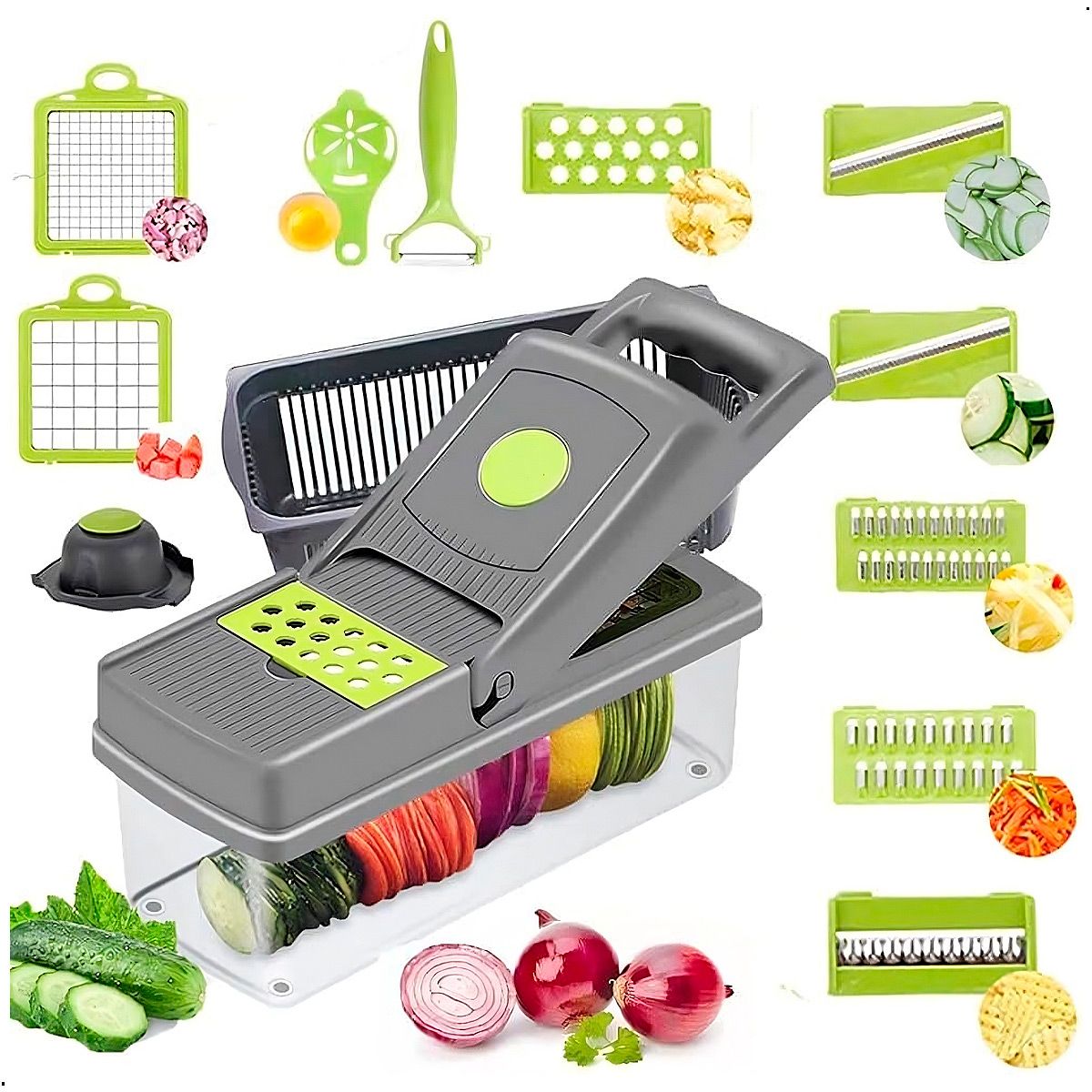 GENERICO - Cortador Picador De Alimentos Rallador Manual 14 En 1 Gris