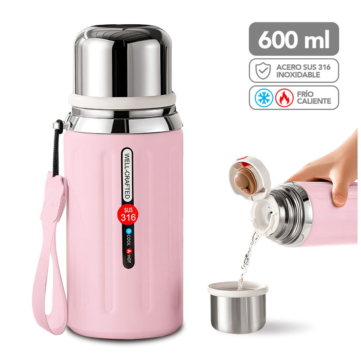 KELLER - Termo de Acero Inoxidable 600 ML Rosado R08