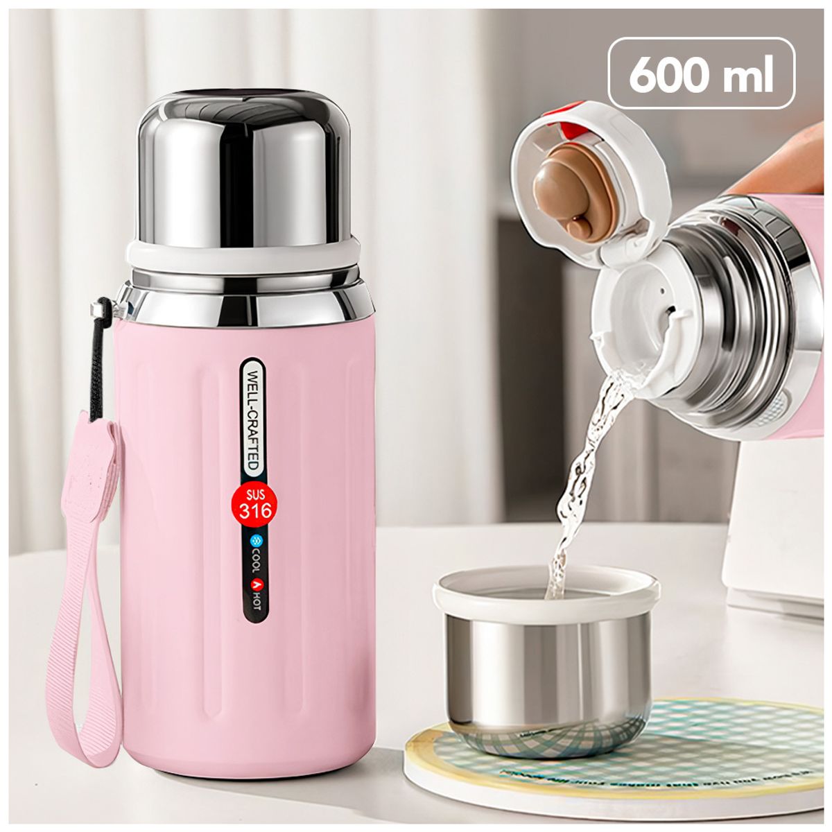 KELLER - Termo de Acero Inoxidable 600 ML Rosado R08