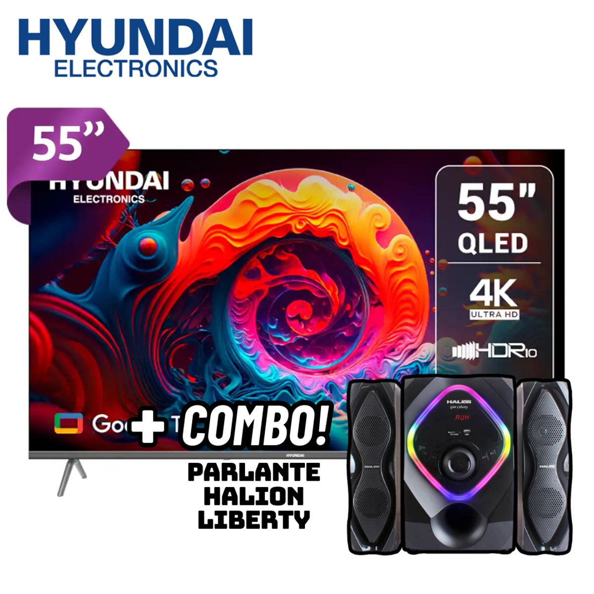 HYUNDAI - TELEVISOR HYUNDAI 55 QLED SMART TV GOOGLE TV 4K UHD - HYLED5529QG + PARLANTES HALION LIBERTY 2.1