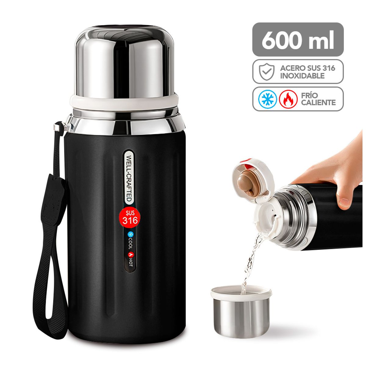 KELLER - Termo de Acero Inoxidable 600 ML Negro R08