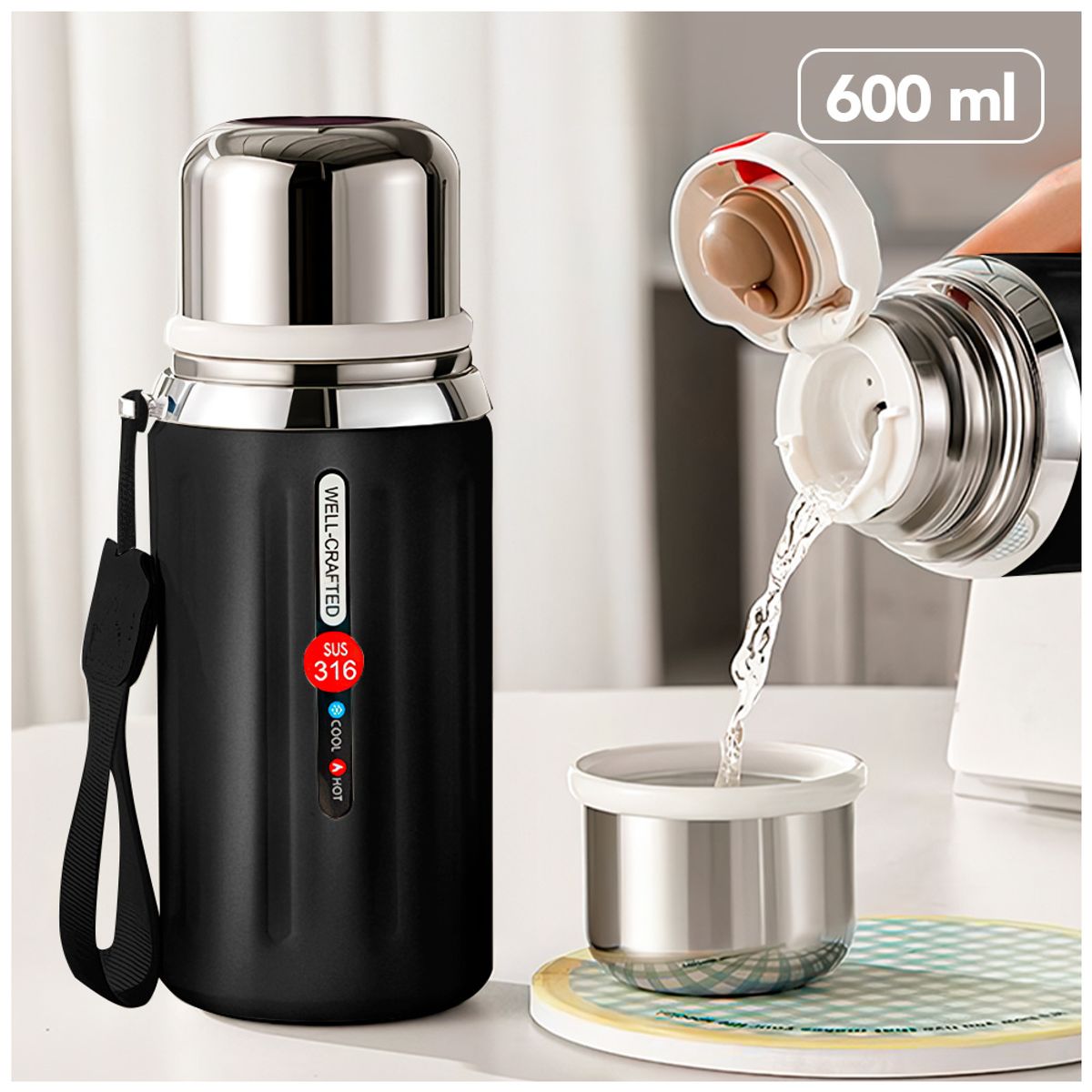 KELLER - Termo de Acero Inoxidable 600 ML Negro R08