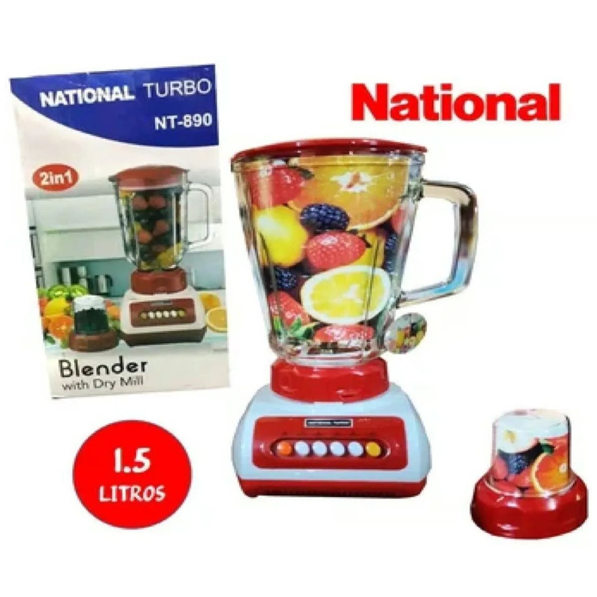 NATIONAL - Licuadora National Turbo con Doble Vaso de Vidrio Templado 900W Rojo