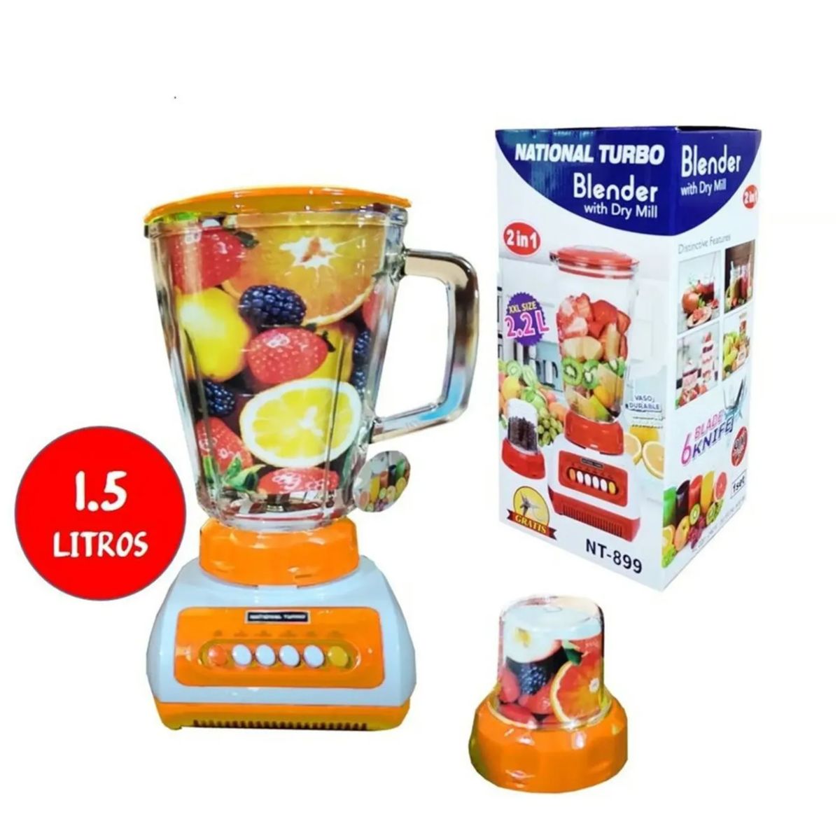 NATIONAL - Licuadora National Turbo con Doble Vaso de Vidrio Templado 900W Naranja