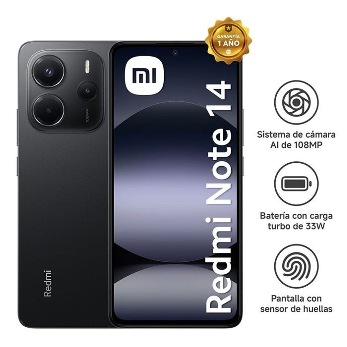 XIAOMI - XIAOMI REDMI NOTE 14 MIDNIGHT BLACK  6GB (12GB ext)  +128GB /CAMARA 108MP AI 5500 mAh 6.67 AMOLED
