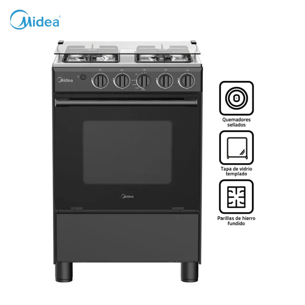 MIDEA - COCINA DE PIE MIDEA A GAS 4 HORNILLAS NEGRO - MGS24FS2LFABBC-PE
