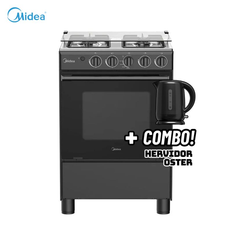 MIDEA - COCINA DE PIE MIDEA A GAS 4 HORNILLAS NEGRO - MGS24FS2LFABBC-PE + HERVIDOR OSTER NEGRO