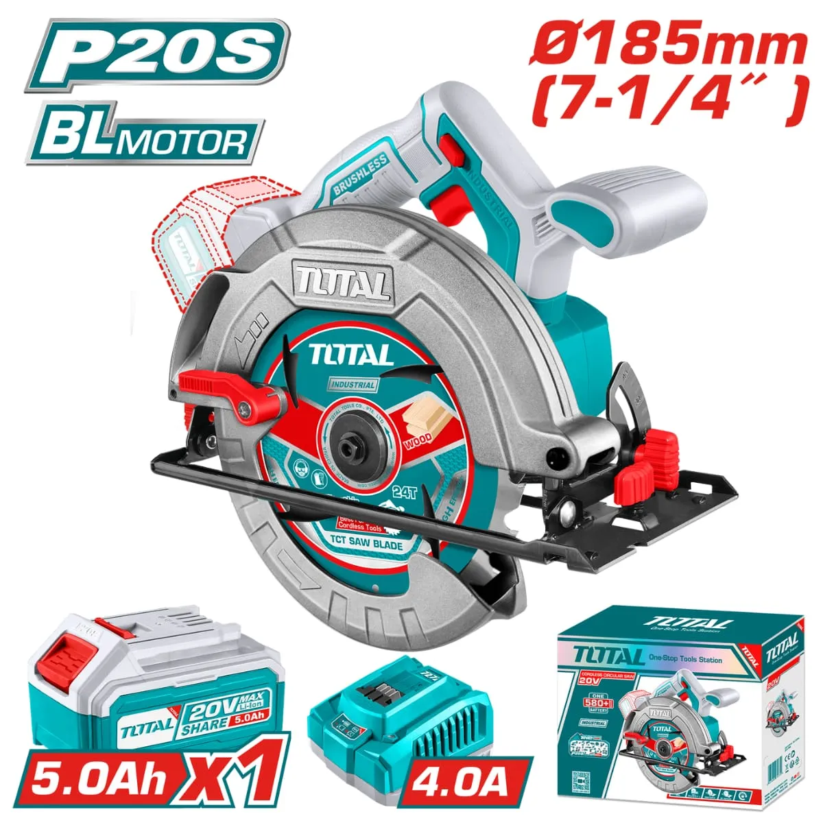TOTAL TOOLS - SIERRA CIRCULAR 7 1/4"  20V 4800 RPM 185 MM BRUSHLESS 1X5.0AH INDUSTRIAL TOTAL- TSLI18513