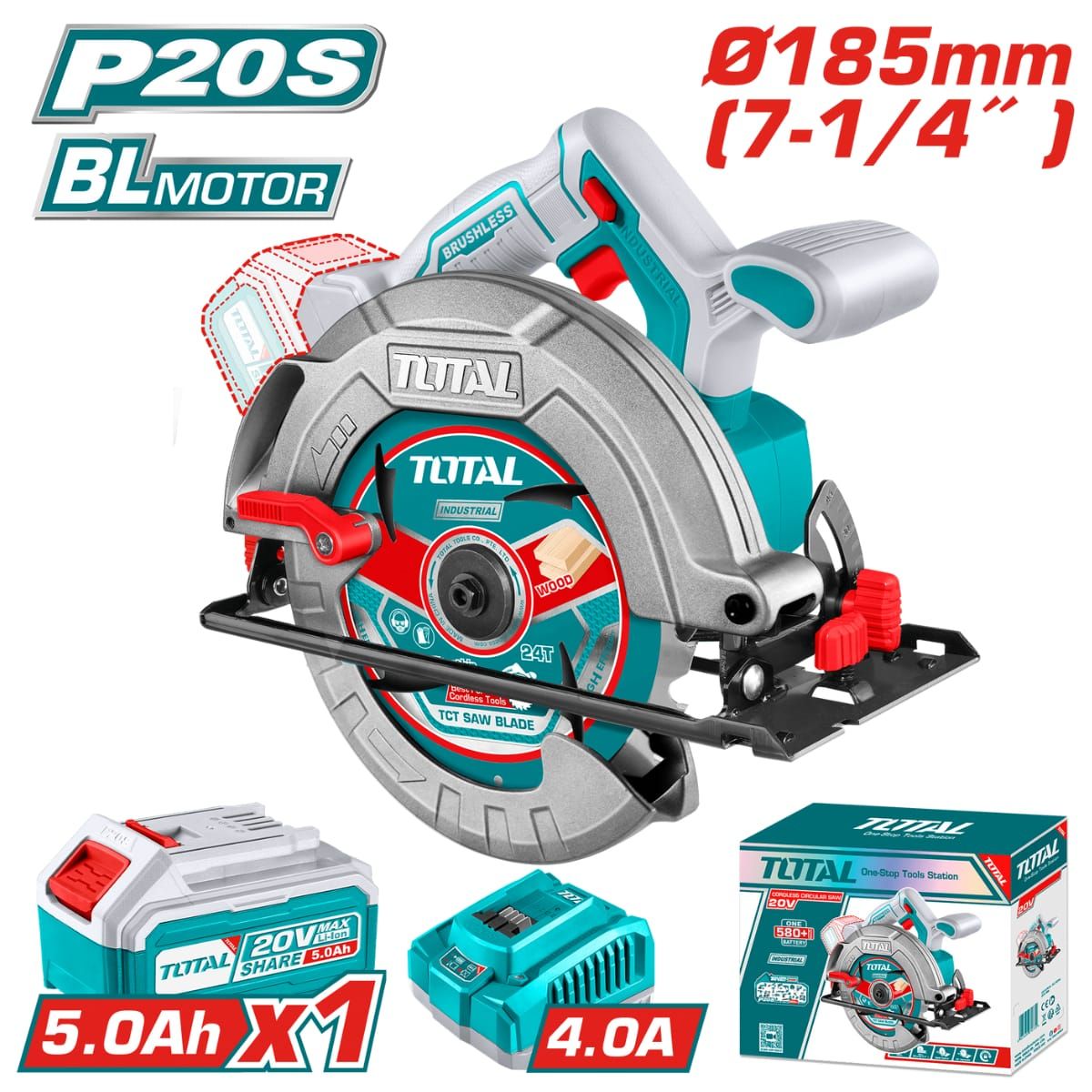 TOTAL TOOLS - SIERRA CIRCULAR 7 1/4"  20V 4800 RPM 185 MM BRUSHLESS 1X5.0AH INDUSTRIAL TOTAL- TSLI18513