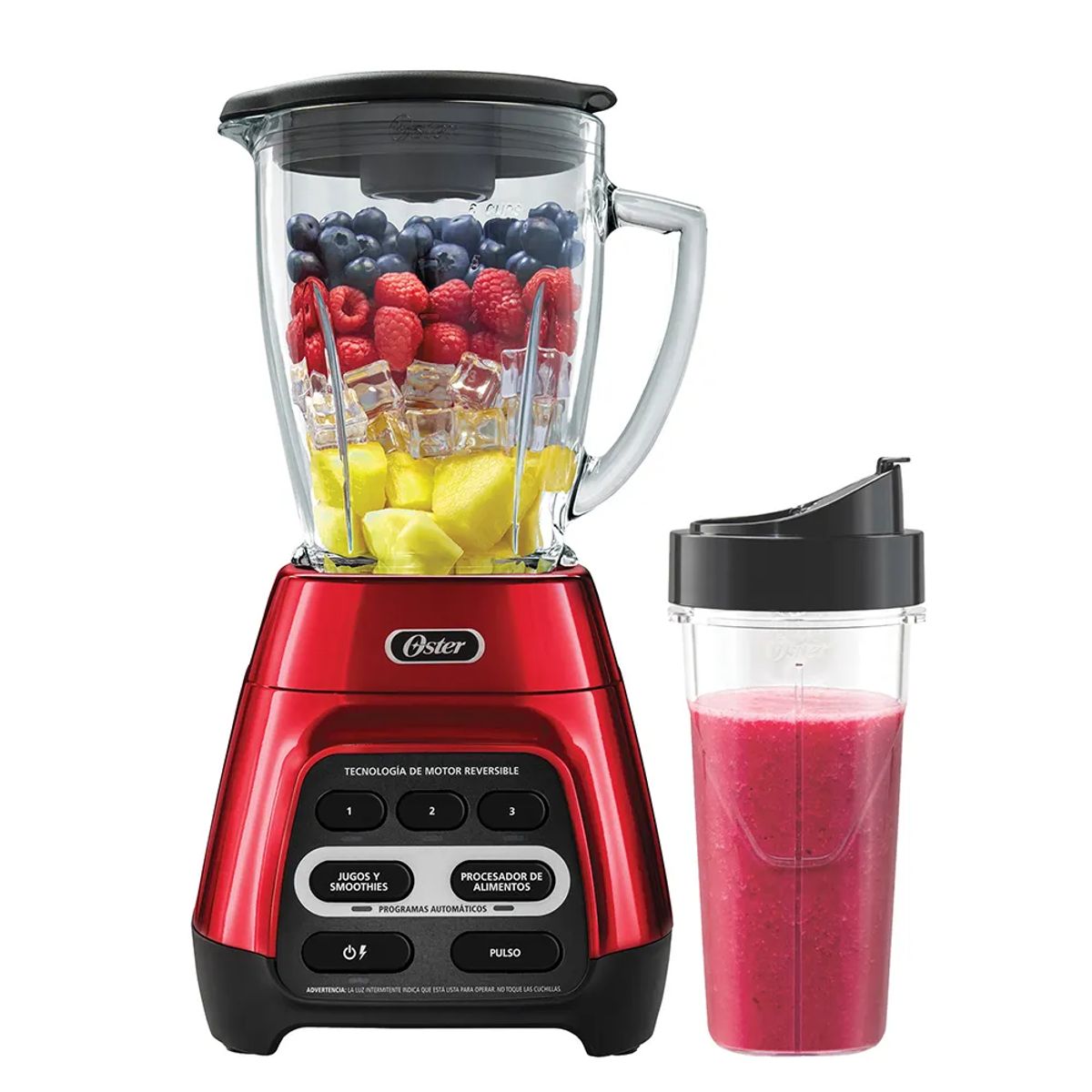 OSTER - Licuadora Oster 15L roja tecnología reversible y vaso Blend-N-Go BLSTPYG1310RBG