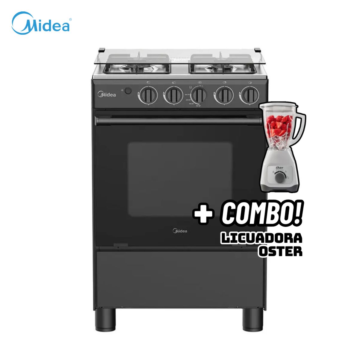 Midea - COCINA DE PIE MIDEA A GAS 4 HORNILLAS NEGRO - MGS24FS2LFABBC-PE + LICUADORA OSTER BLANCA