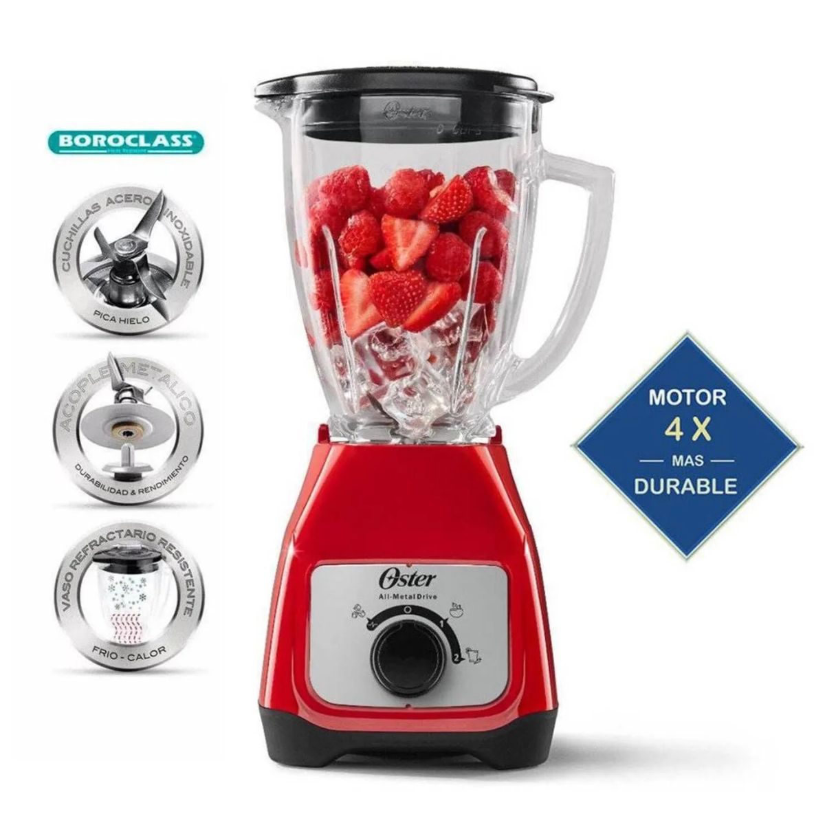 OSTER - Licuadora Oster BLSTKAGRRD 550 Watts Vaso de Vídrio 1.5 Litros Rojo