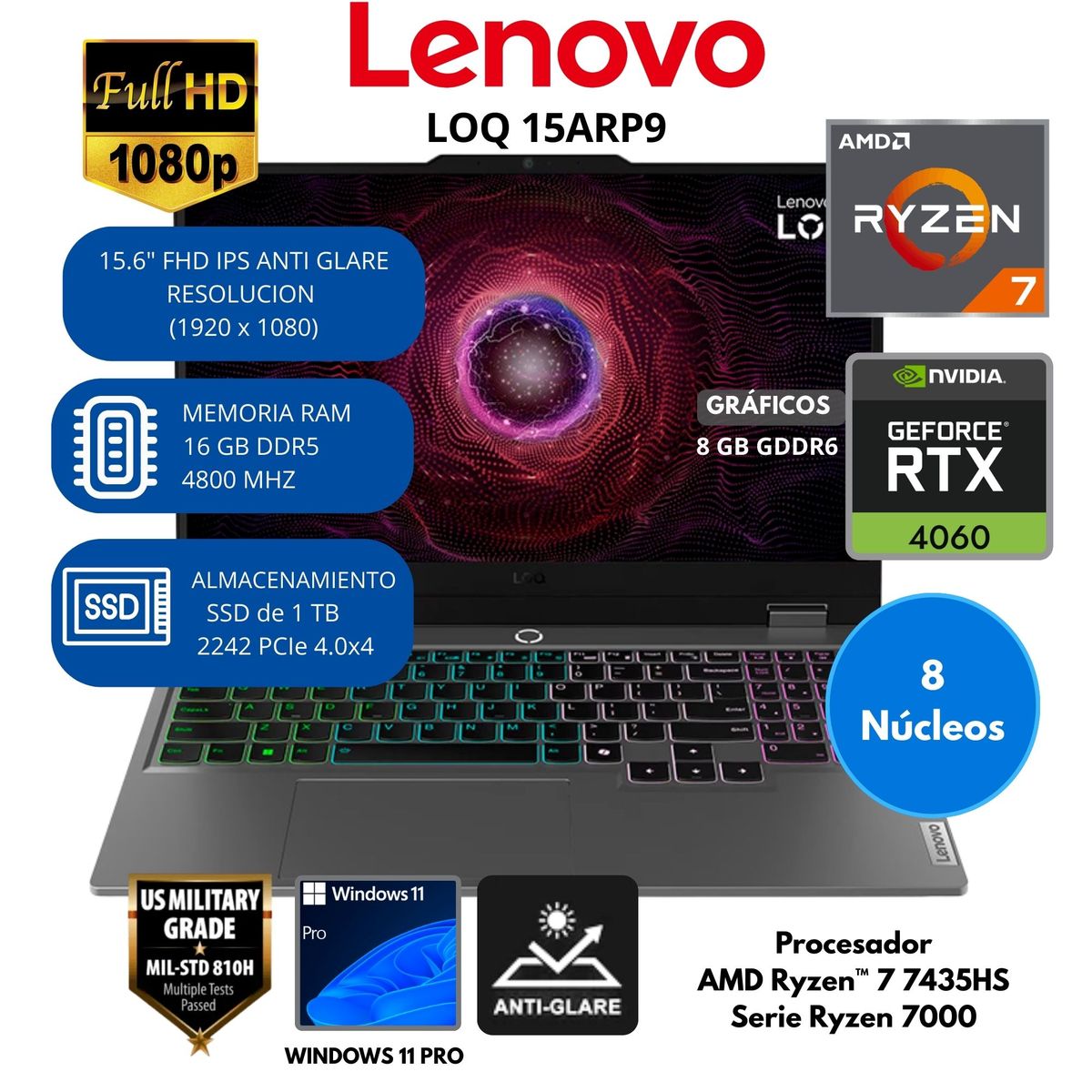 LENOVO - Laptop Lenovo AMD Ryzen™ 7 (LOQ 15ARP9) RAM 16 GB SSD 1 TB 15.6" FHD IPS Windows 11 PRO