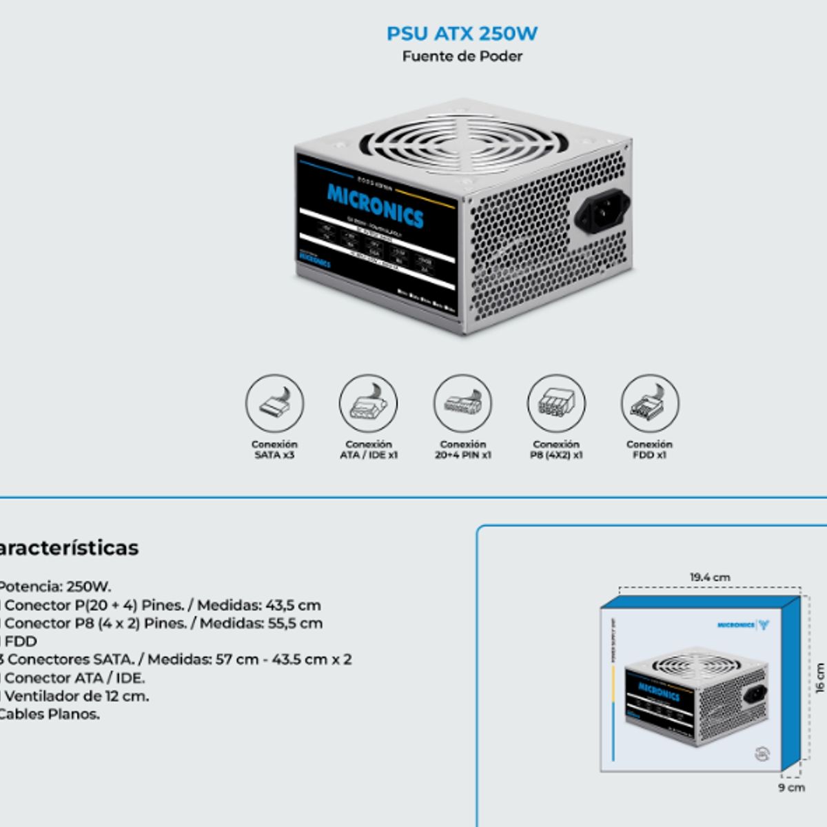 MICRONICS - Fuente De Poder ATX 250+W 250W LONG CABLES en Caja MICRONICS