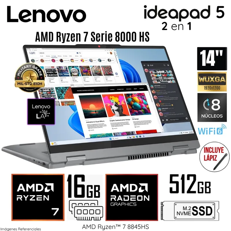 LENOVO - Laptop Lenovo Ideapad 5 2 en 1 14AHP9 AMD Ryzen 7 8845HS 16GB RAM 512GB SSD 14" WUXGA - 83DR007QLM
