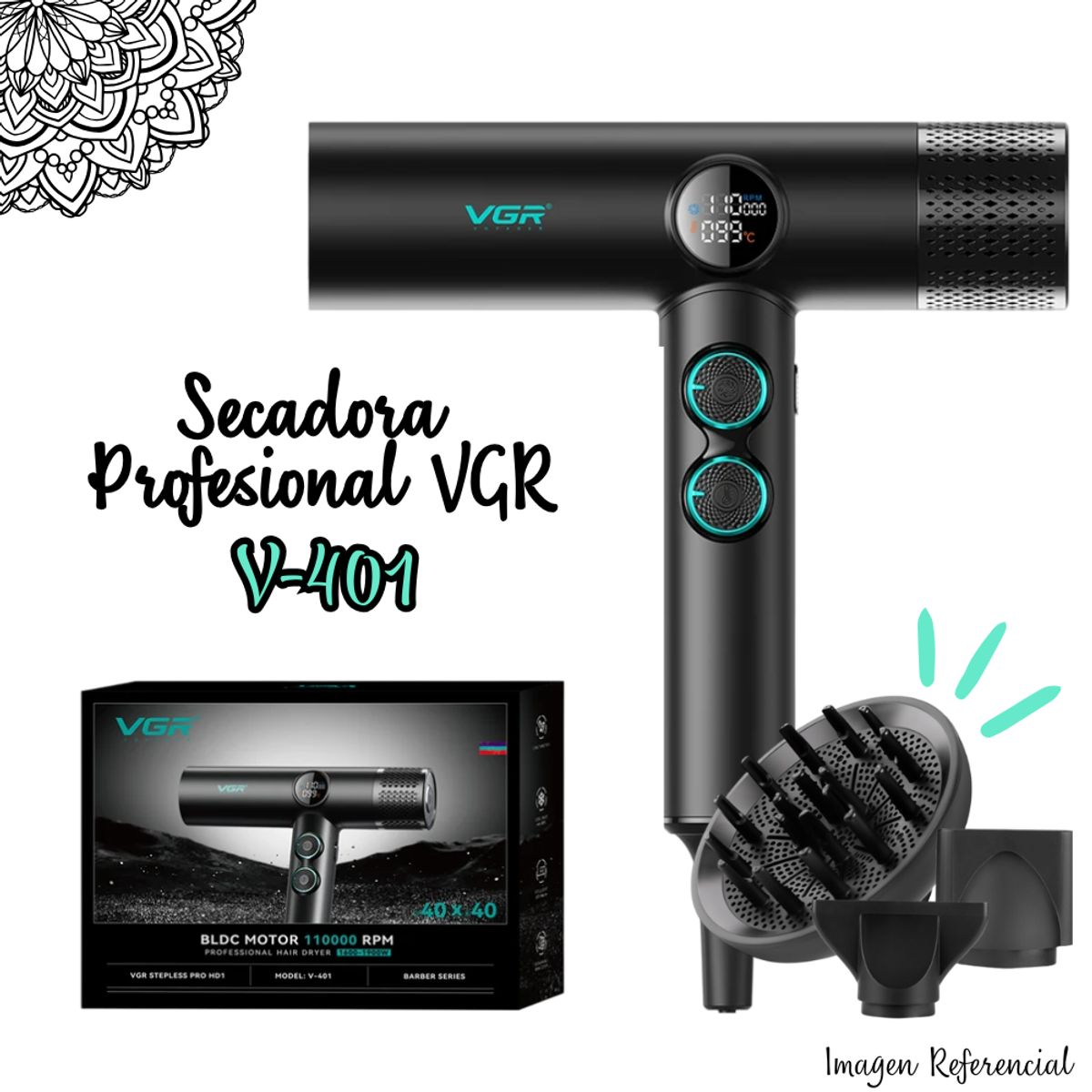 GENERICO - Secadora de Cabello VGR de 1900W - V-401