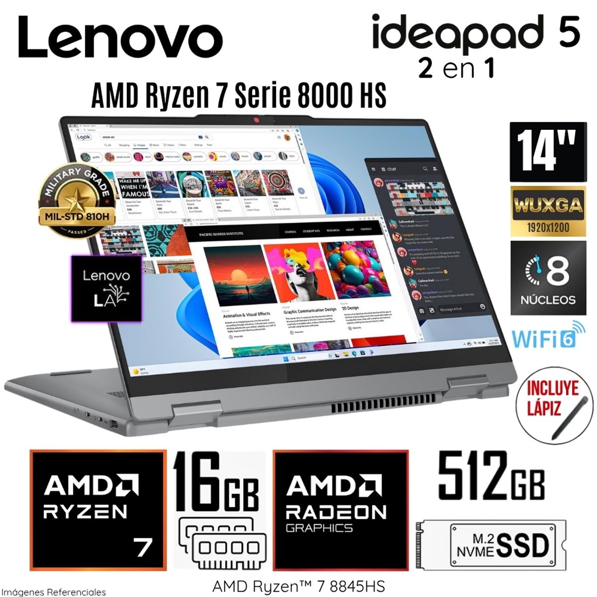 LENOVO - Laptop Lenovo Ideapad 5 2 en 1 14AHP9 AMD Ryzen 7 8845HS 16GB RAM 512GB SSD 14" WUXGA - 83DR007QLM