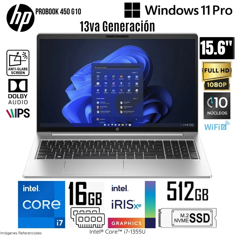 HP - Laptop HP ProBook 450 G10 Intel Core i7-1355U 16GB RAM 512GB SSD 15.6"  FHD WIN 11 Pro - 7Z7H9LT
