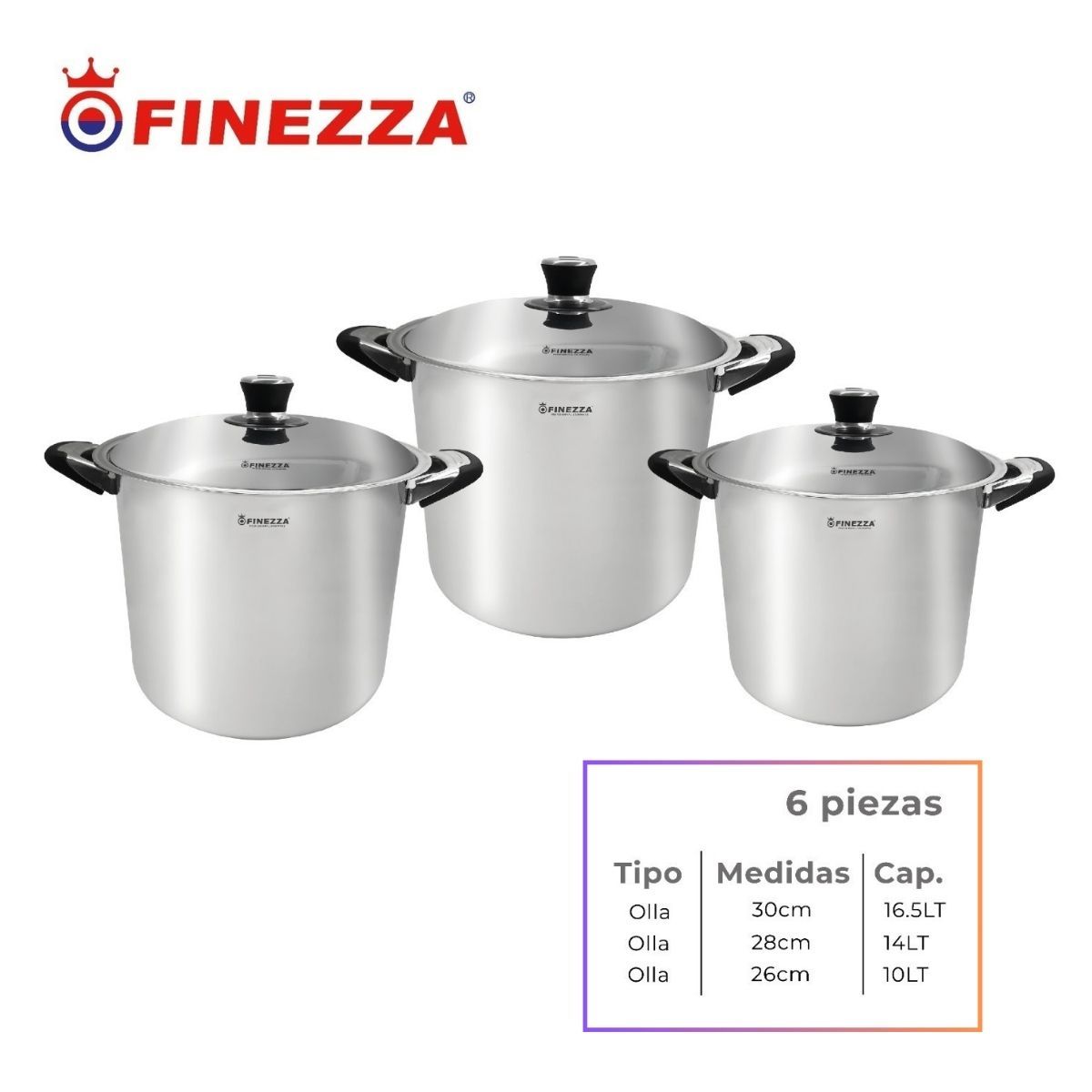 FINEZZA - JUEGO DE OLLAS ACERO INOXIDABLE 6 Pzas FINEZZA