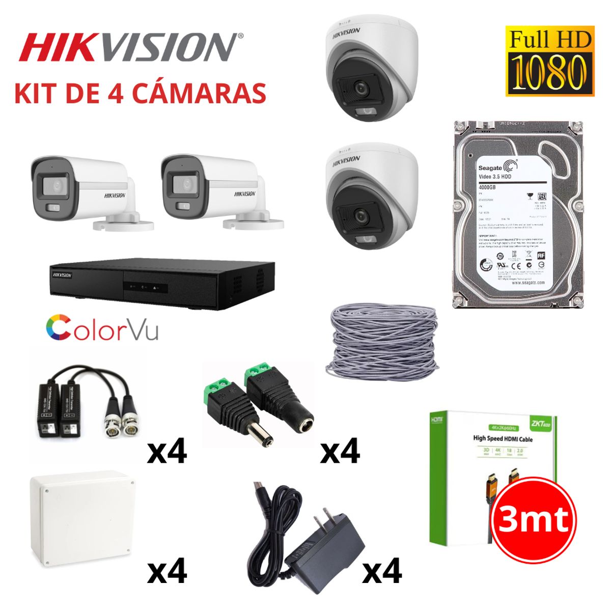HIKVISION - KIT 4 CÁMARAS DE SEGURIDAD FULL HD COLOR VU CON AUDIO + DISCO SEAGATE 1TB