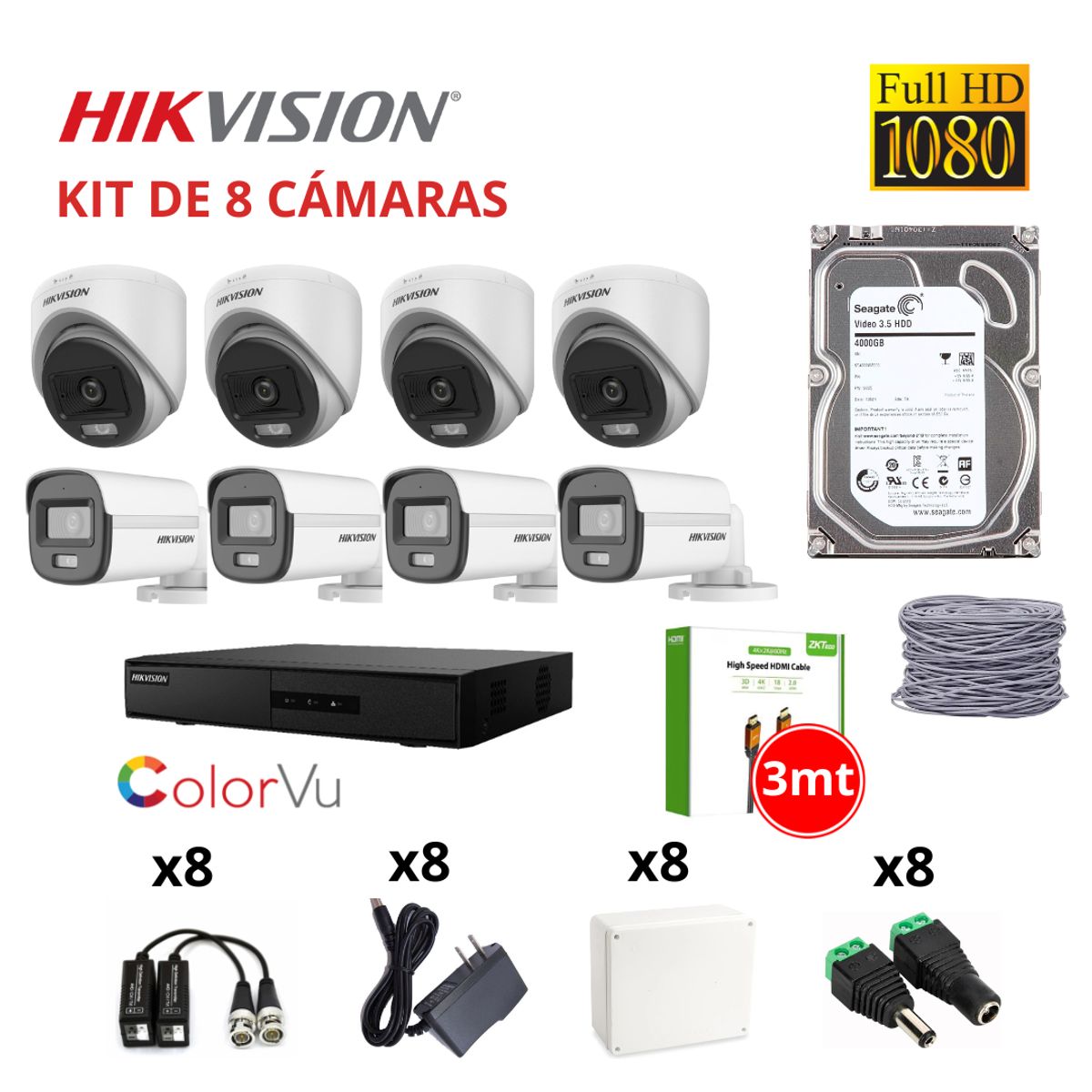 HIKVISION - KIT 8 CÁMARAS DE SEGURIDAD FULL HD COLOR VU C/ AUDIO + DISCO SEAGATE 1TB